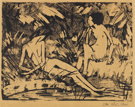 Otto Mueller - Sitzendes und seitlich aufgestütztes Mädchen am Wasser (2)