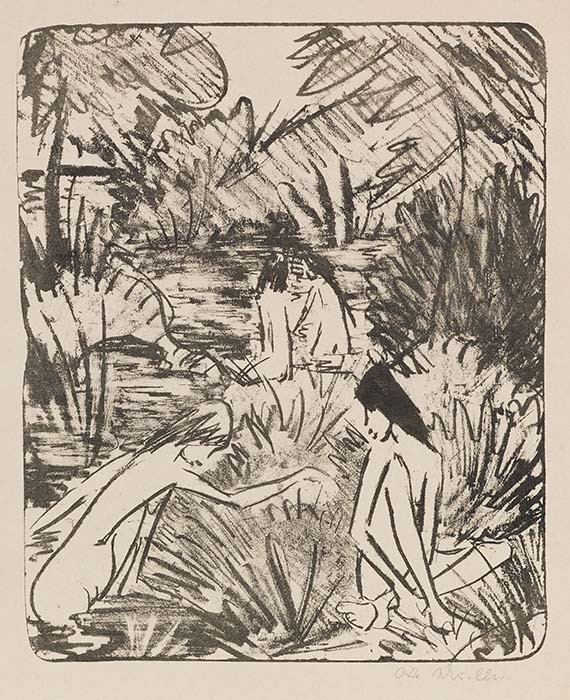 Otto Mueller - Waldsee mit drei badenden und einem sitzenden Mädchen 2