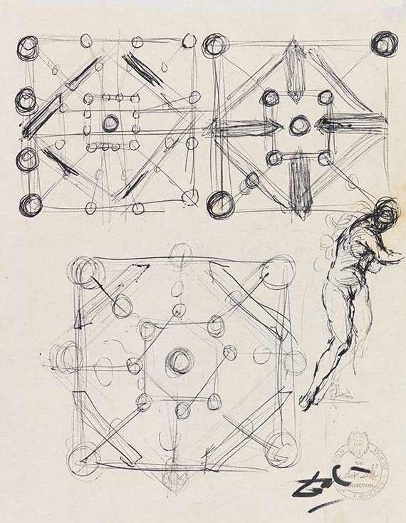 Salvador Dalí - Étude pour une composition cubique corpusculaire, au verso étude de têtes féminines