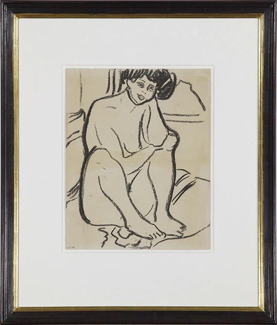 Ernst Ludwig Kirchner - Dodo nackt am Boden sitzend - Rahmenbild