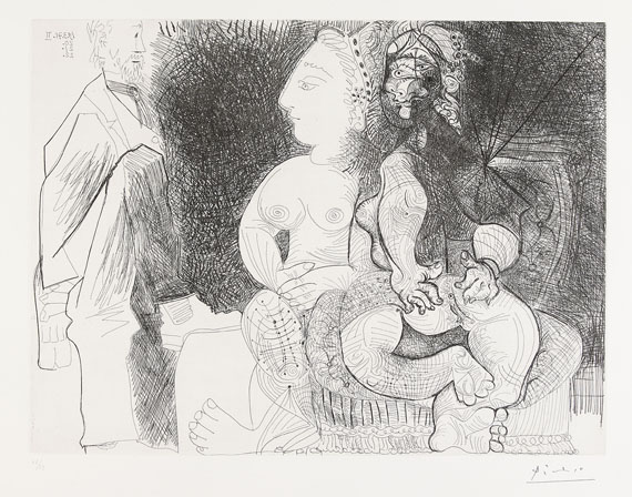 Pablo Picasso - Degas aux bottines à élastiques et deux filles, dont une sur une chaise capitonnée Napoléon III