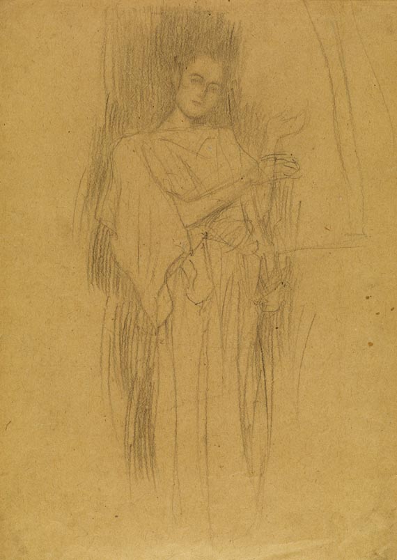 Gustav Klimt - Weibliche Gestalt in langem Gewand, ein Saiteninstrument spielend