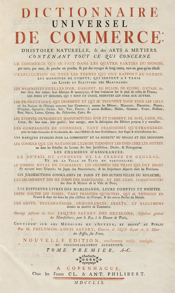 Jacques Savary des Brûlons - 4 Bde, Dictionnaire universel de commerce. 1759-1762.