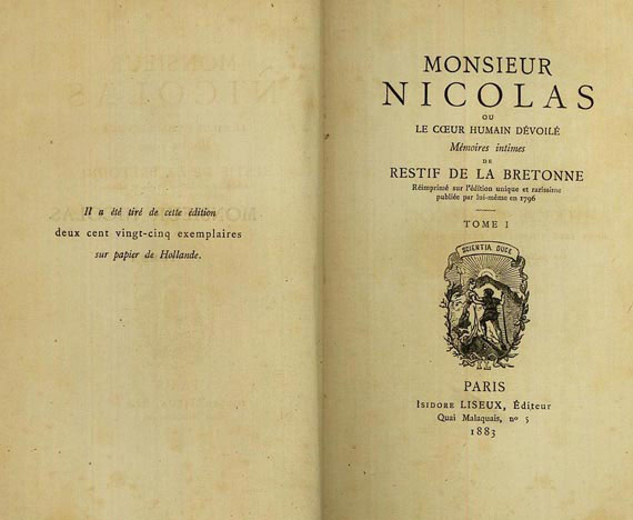 Nicolas Anne Edmé Restif de la Bretonne - Monsieur Nicolas. 1883. 14 Bde.