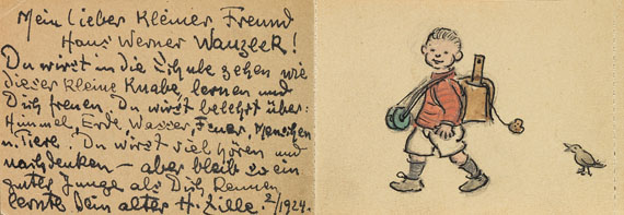 Heinrich Zille - Eigh. kolor. Federzeichnung mit eigh. Widmung. In kl. Zeichenblock. 1924..