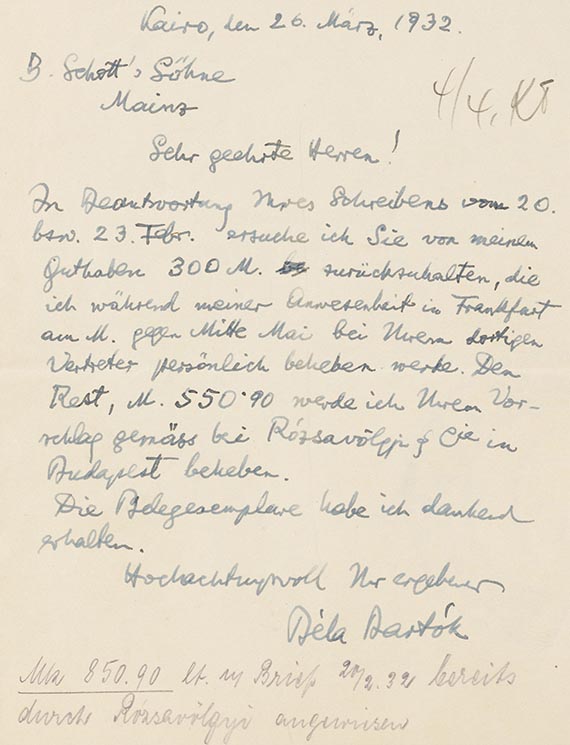 Bela Bartok - Eigenhändiger Brief mit Unterschrift