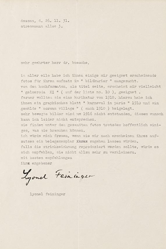 Lyonel Feininger - Maschinenschriftlicher Brief m. eigenh. Unterschrift