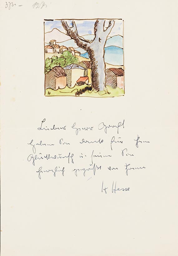 Hermann Hesse - Kl. Aquarell mit Widmung