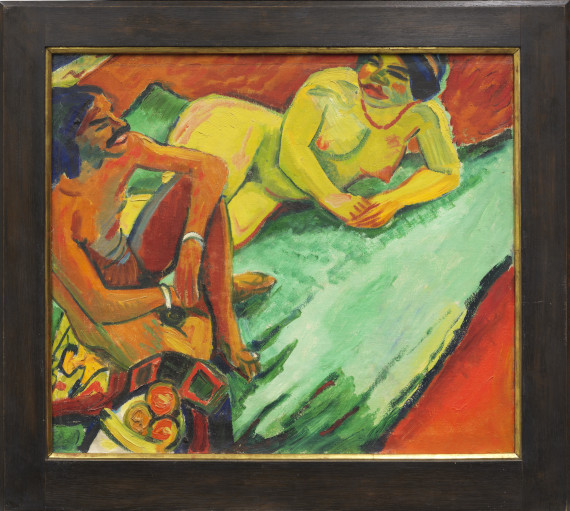 Hermann Max Pechstein - Weib mit Inder auf Teppich / Früchte (Rückseite) - Rahmenbild
