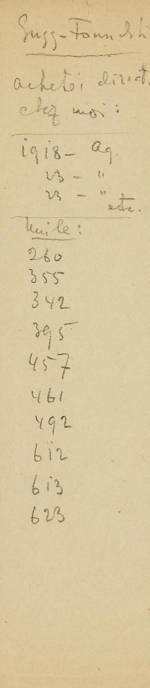 Abbildung zu: Wassily Kandinsky, handschriftliche Werkliste, inkl. "Behauptend" [355], um 1937, Biblioth&egrave;que Kandinsky, Centre Pompidou, Paris. &copy; bpk / CNAC-MNAM, Fonds Kandinsky