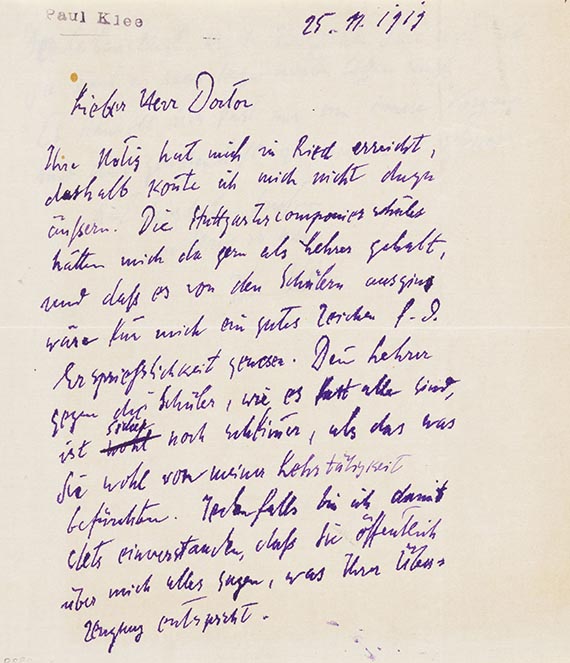 Paul Klee - Eigh. Brief m. U. an Dr. Wilhelm Hausenstein . Beigaben