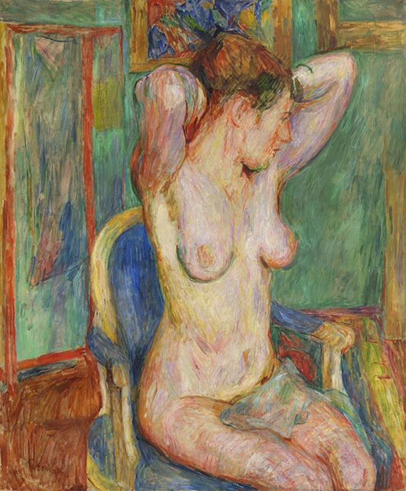 Hans Purrmann - Weiblicher Akt auf blauem Sessel