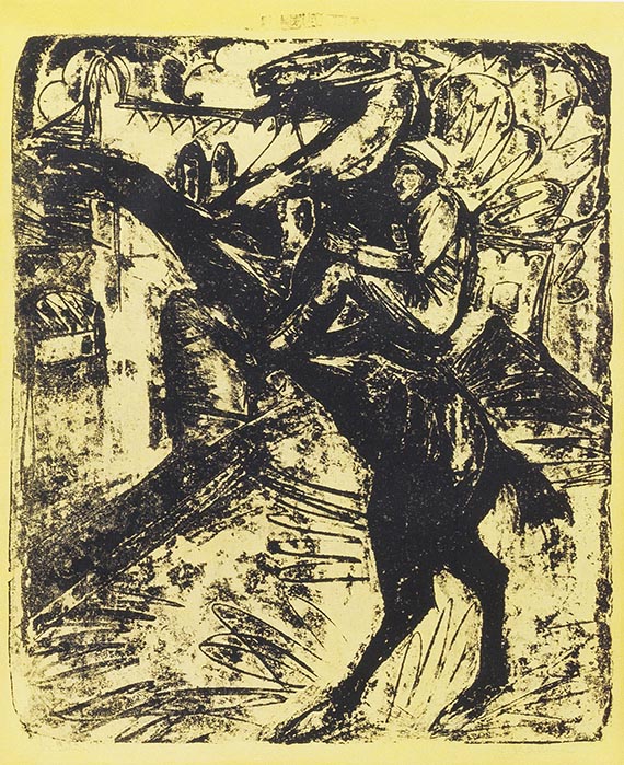Abbildung zu: E. L. Kirchner, Steigendes Pferd mit Reiter, 1915, Lithografie, St&auml;del Museum, Frankfurt am Main.