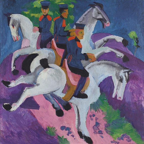 Abbildung zu: E. L. Kirchner, Reitende Artilleristen, 1915, &Ouml;l auf Leinwand, Privatsammlung.