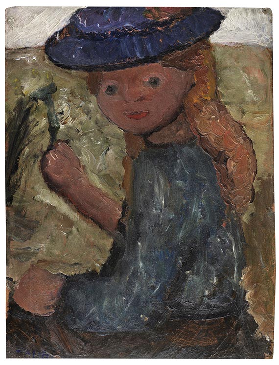 Paula Modersohn-Becker - Sitzendes Mädchen mit blauem Hut und Blume in der rechten Hand